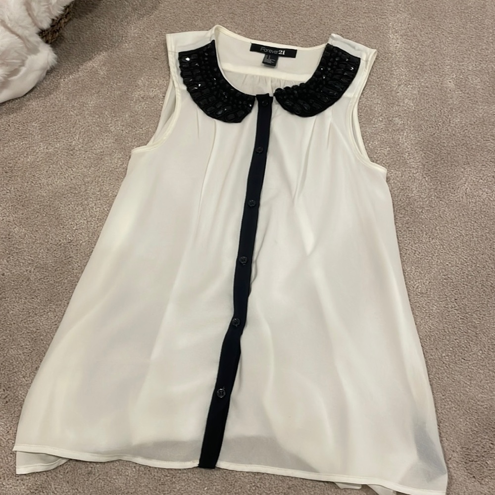 Black and Cream White Blouse Tank Top with Beads